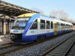 Quedlinburg am 25. Februar 2014, VT 806 steht als HEX 80140  zur Weiterfahrt nach Thale Hbf bereit.