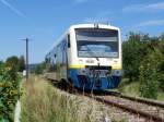 Der VT441 das  Wiesel  der W.E.G bei der Ausfahrt aus dem Bahnhof Miedelsbach-Steinenberg. Aufegnommen am 6.August 2007