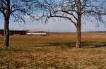 Von Bäumen eingerahmt ein Zug (GmP) der WEG-Nebenbahn Amstetten-Laichingen mit einem Fuchs-Schienenbus als Schlepptriebwagen (13.04.1985)