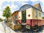 Ausgestellter fr�herer Wagon der Vaihinger Stadtbahn am stillgelegten Bahnhof Vaihingen Enz Stadt. 
Dies ist ein Aquarell, erstellt mit CHatGPT von der Grundlage eines extremen Weitwinkel-Fotos mit dem Ziel, das Gesamtensemble aufgelassener WEG-Bahnhof, Restaurant und Personenwagen einzufangen. Ich fragte die k�nstliche Intelligenz:  Erstelle mir aus diesem Foto bitte ein luftiges Aquarell.  Wenn man es mit dem originalen Foto vergleicht, dann f�llt auf, dass die Farben hier viel heiterer sind, als auf dem Foto. Es entstanden fr�hlingshaft leichte Farben, typisch f�r einen Fr�hlingstag. Der Personenwagen auf der Gleisseite des Bahnhofs war nie bei der Vaihinger Stadtbahn gefahren.
Datum des Originals: 29.05.2026