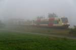 Erster Herbstnebel auf der Alb. Bei Albstadt-Laufen (KBS 766) sind am 9. Oktober 2009 VT 207, 214 und 44 unterwegs von Tbingen nach Albstadt-Ebingen.