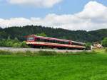 Eine Einheit  NE 81 bestehend aus VT und VS kam mir heute durchs Bild gefahren mit dem Hzl 86323 nach Sigmaringen.Das Bild entstand bei Hermentingen am 8.7.2013.Leider war die Sonne nicht mein Freund