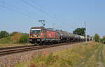 187 536 der HSL schleppte am 31.08.19 einen Kesselwagenzug durch Jeßnitz Richtung Bitterfeld. Der Löwe fuhr entgegen der Fahrtrichtung und beobachtete die Kesselwagen.