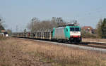 186 127 der ITL/Captrain führte am 10.04.18 einen leeren BLG-Autozug durch Jütrichau Richtung Roßlau.