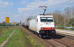 186 139 der ITL schleppte am 10.04.19 einen Kesselwagenzug durch Wittenberg-Altstadt Richtung Hbf.