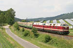 118 552-9 der ITL - Eisenbahngesellschaft mbH und 118 719-4 der Erfurter Bahnservice Gesellschaft mbH sind am 22. Juni 2019 mit einem Sonderzug auf den Weg nach Sonneberg zum Tag der offenen Tür beim Modellbahnhersteller Piko. Die Aufnahme entstand bei Haarbrücken im Landkreis Coburg, kurz vor ihrem Zielbahnhof Sonneberg.