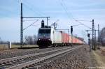 186 140-0 CB-Rail im Dienst für die ITL mit Containerzug in Friesack(Mark) in Richtung Neustadt(Dosse) unterwegs. 23.03.2011