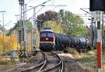 LEG 132 109 mit Leerkesseln kam hier im Bahnhof Angermünde am 23.10.2021 um die Ecke und ließ die Blätter fliegen.