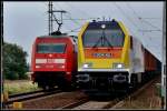 Locon 401 & 101 123 in der Ausweichstelle -Stralsund Langendorf- 
am 05.07.09 