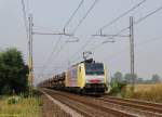 Lokomotion E189 907RT (ES 64 F4-007) with advertising  Schweizer Eisenbahn Revue  just left from Arena Po with the empty car transport train to Mnchen on the 20th of September in 2008