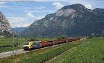 The E189.912 of RTC in  CREAM Project  livery transit near of Salorno heading a freight train from Mnchen Nord to Rovato (August 3, 2010).