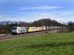 Die 185 663 mit der ES 64 F4-005 und der ES 64 F4-007 am 02.04.2011 mit einem KLV-Zug unterwegs bei Hilperting.