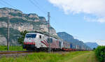 Lokomotion 189 901 rollt mit einem KLV-Zug vom Brenner kommend nach Verona bei Dolcé durch das Tal der Etsch.