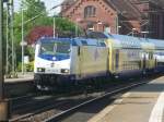 Der Metronom mit seiner ME146-06 in Hamburg-Harburg am 3.05.08 zur Weiterfahrt nach Bremen Hbf!