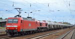 MEG - Mitteldeutsche Eisenbahn GmbH mit  145 004-8  [NVR-Nummer: 91 80 6145 004-8 D-DB] mit 077 023-5 89287 0077 023-5 F-MEG) und Staubgutzug für Zement (leer) Richtung Rüdersdorf am
