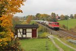 155 195-0 und 077 012 der MEG mit dem DGS 88982 am 26.10.16 in Jößnitz/V. zu sehen.