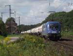 1116 912-5 der MWB erreicht am 30. August 2011 mit einem Gaskesselzug den Bahnhof Laufach auf Gleis 1.