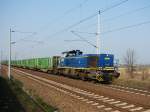 MWB V2303 durchfhrt, mit einem leeren Holzzug, auf dem Weg nach Anklam, Stralsund-Langendorf.