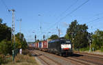 189 210 führte für ihren Mieter LTE einen Zug des kombinierten Verkehrs am 25.09.18 durch Saarmund Richtung Schönefeld.