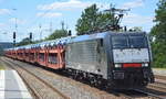 MRCE Dispolok GmbH mit  ES 64 F4-156  [NVR-Nummer: 91 80 6189 156-3 D-DISPO] (aktueller Mieter mir unbekannt) mit PKW-Transportzug am 28.06.19 Saarmund Bahnhof.