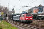 GfF 111 056-8 schiebt NX-Ersatzzug RB48 in Wuppertal Steinbeck, März 2021.