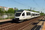 Der VT 643.04 (95 80 0643 361-8 D-PEG) der NEB auf der Fahrt von Berlin Ostkreuz nach Templin Stadt beim Halt am 18.05.2017 in Berlin Hohenschönhausen.