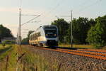 Der VT 738 (95 80 0643 410-3) der NEB auf der RB 12 von Templin Stadt nach Berlin Ostkreuz am 01.06.2016 in Nassenheide.