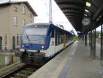 Auf der Strecke von Angermünde nach Schwedt(Oder) fährt auch die NEB.Am 16.Mai 2020 stand der NEB VT008 in Angermünde.
