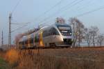 Der VT 0013-T2 (95 80 0643 621-5 D-NEBB) der Niederbarnimer Eisenbahn (NEB) auf der RB 12 von Templin Stadt nach Berlin Ostkreuz am 16.12.2015 in Nassenheide.
Der Triebwagen wurde 1999 bei Bombardier in Aachen unter der Fabriknummer  191019 gefertigt.
