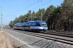 Der VT 730 (ex 95 80 0643 120-8 D-NOB) der Niederbarnimer Eisenbahn (95 80 0643 120-8 D-NEBB) auf der RB 12 von Templin Stadt nach Berlin Ostkreuz am 17.03.2016 in Nassenheide.