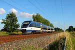 Der VT 738 (95 80 0643 410-3) der NEB auf der RB 12 von Berlin Ostkreuz nach Templin Stadt am 28.06.2016 in Nassenheide.