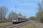 Ehemaliger Bahnhof Lüptitz an der Strecke Eilenburg - Wurzen der jetzt nur noch dem Abstellen der Güterwagen (Erste Wagen GATX/NRS Faccns 83 54 69 85 505-9 CZ-GATXD) dient, für den Quarzporphyrbruch Lüptitz 15.04.2018