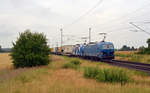 Zusammen mit 192 009 führte 192 010 der Northrail am 08.07.20 einen KLV-Zug für die TX Logistik durch Gräfenhainichen Richtung Bitterfeld.