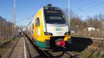 ET 445 107 der ODEG auf der Linie RE 8 N bei der Einfahrt in den Bahnhof Dabendorf (bei Zossen) zur  Weiterfahrt nach Elsterwerder am 28. Februar 2023.