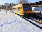 VT 650.085 der Ostdeutsche Eisenbahn GmbH (ODEG)  als OE 60 V (OE 68898) zwischen Bischofswerder und Grlitz  bei der Einfahrt in den Bahnhof Bautzen zur Weiterfahrt nach Grlitz am 16. Mrz 2013.