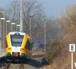 Eine Regionalbahn von Brandenburg an der Havel nach Rathenow verlässt den Bahnhof Görden. Im Einsatz ist VT 646.045 der ODEG. 15.2.2014