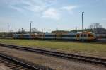 Das ODEG-Dotra VT 646.042 (646 042-1) & VT 646.043 (646 043-9) als RB51 (RB 68859) von Rathenow nach Brandenburg Hbf in Rathenow. 03.05.2015