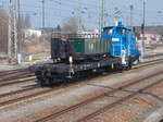 PRESS 363 029 schob den KS4 970-594,am 09.April 2018,nach Putbus.Hier die Ausfahrt aus Bergen/Rügen.