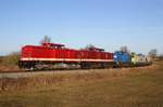 Rangieren mit 3 Dieselloks - Getreidezug mit Captrain wird in den Anschluss Hafen Vierow geschoben - 12.02.2019