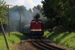 112 565 der Pessnitztalbahn unterwegs auf dem Dreischienengleis von Lauterbach Mole nach Putbus von wo aus die Fahrt auf dem rein regelspurigen Gleis bis nach Bergen führt. Vom 29.7 bis 31.7 wurde dieser Pendel mit historischen Fahrzeugen der Deutschen Reichsbahn durchgeführt. Neben dem Park bestehend aus einer 086 und der V100 Ost waren auch zwei Ferkeltaxen im Umlauf.