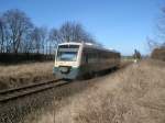 PRESS VT650 032 unterwegs,am 11.März 2014,auf seiner Stammstrecke nach Lauterbach Mole,bei Bergen/Rügen.