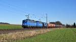 PRESS 140 008 (140 845, ex DB) und 140 050 (140 833, ex DB) mit VTG- und Wascosa-Schüttgutwagen in Richtung Osnabrück (zwischen Melle und Bruchmühlen, 15.02.19).