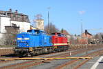 Am 20.03.2019 rangieren 204 022+354 der Press im Bahnhof Weiden (Oberpfalz).