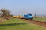 285 104-2 (Press) mit einem Bauzug zu sehen am 06.04.19 bei Dreitzsch.