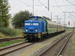 Von Putbus bis Bergen/Rügen durfte die PRESS 346 001,am 19.Oktober 2023,den PTB 1821 Putbus-Neustrelitz bespannen.Aufgenommen bei der Einfahrt in Bergen/Rügen vom Bahnsteig aus.