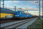 Blaue Stunde: PRESS 140 017 & 037 mit einem Kesselwagenganzzug am 20.11.2023 in Würzburg. In Gegenrichtung passiert soeben die ebenfalls blaue Delta Rail 192 024 mit den ARS-Autotransportwagen die PRESS-Maschinen.