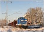 204 010 der Press kommt am Morgen des endlich einmal winterlichen 09.01.09 mit dem Leerschrottzug nach Lbbenau durch den Hp Uebigau. 