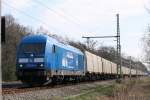 253 014-9 PRESS mit Hackschnitzelzug am 07.04.2011 zwischen Nennhausen und Rathenow