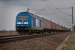 253 014 der PRESS rollt mit einem Gterzug von Riesa kommend am 15.04.2012 in Richtung Oschatz.(bei Bornitz)