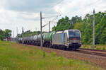 Mit einem Kesselwagenzug rollte 193 804 der Railpool am 06.06.22 durch Burgkemnitz Richtung Wittenberg.